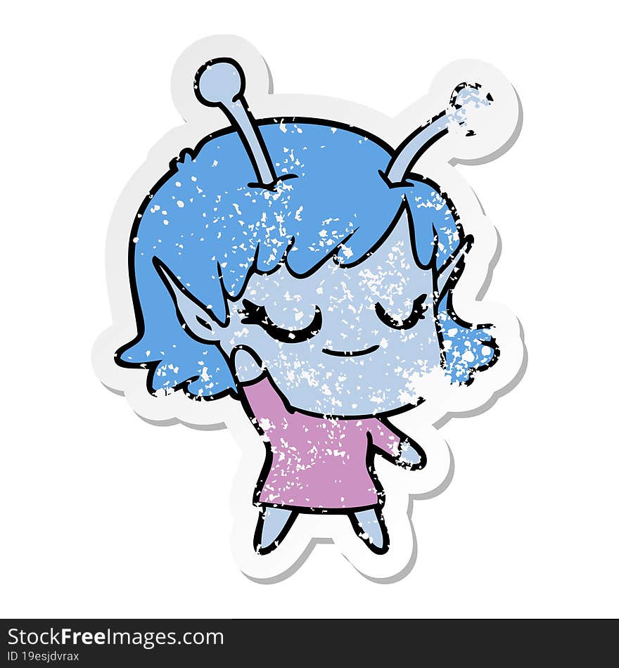 Distressed Sticker Of A Smiling Alien Girl Cartoon