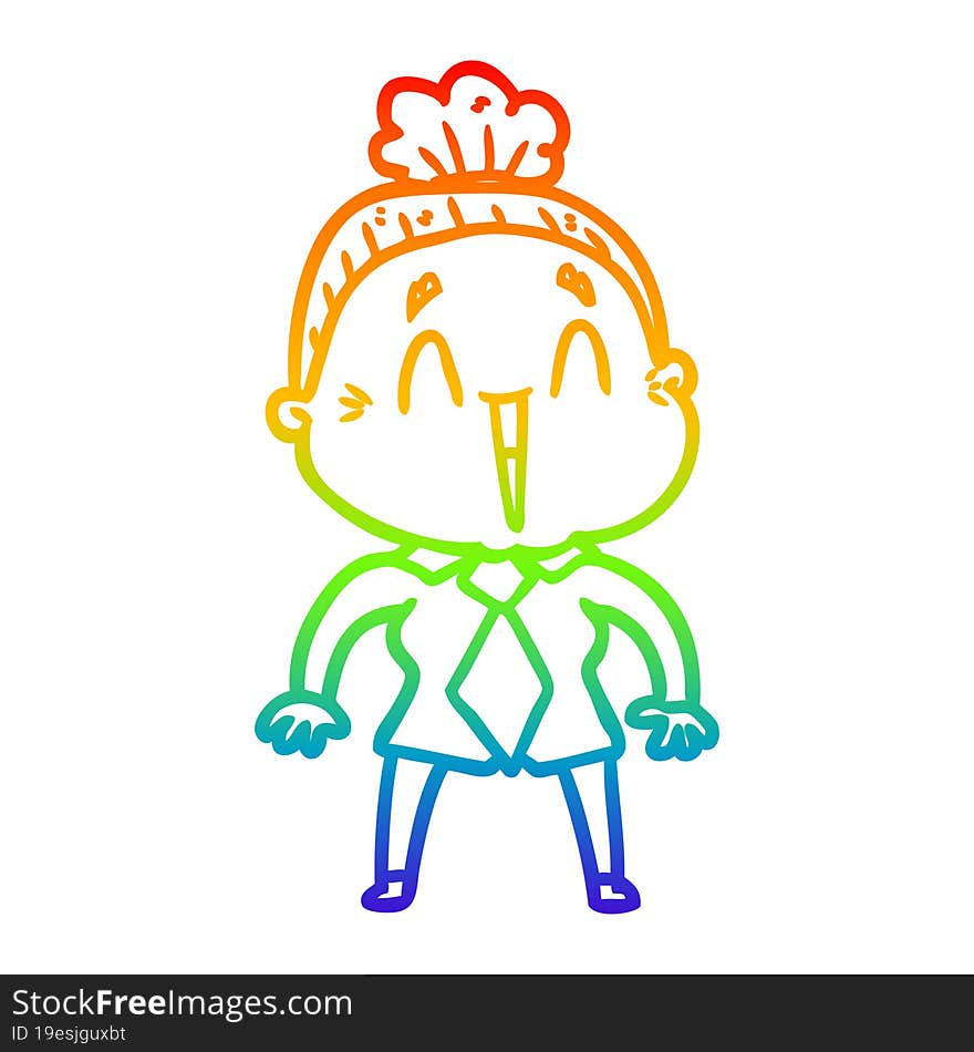 rainbow gradient line drawing of a cartoon happy old lady