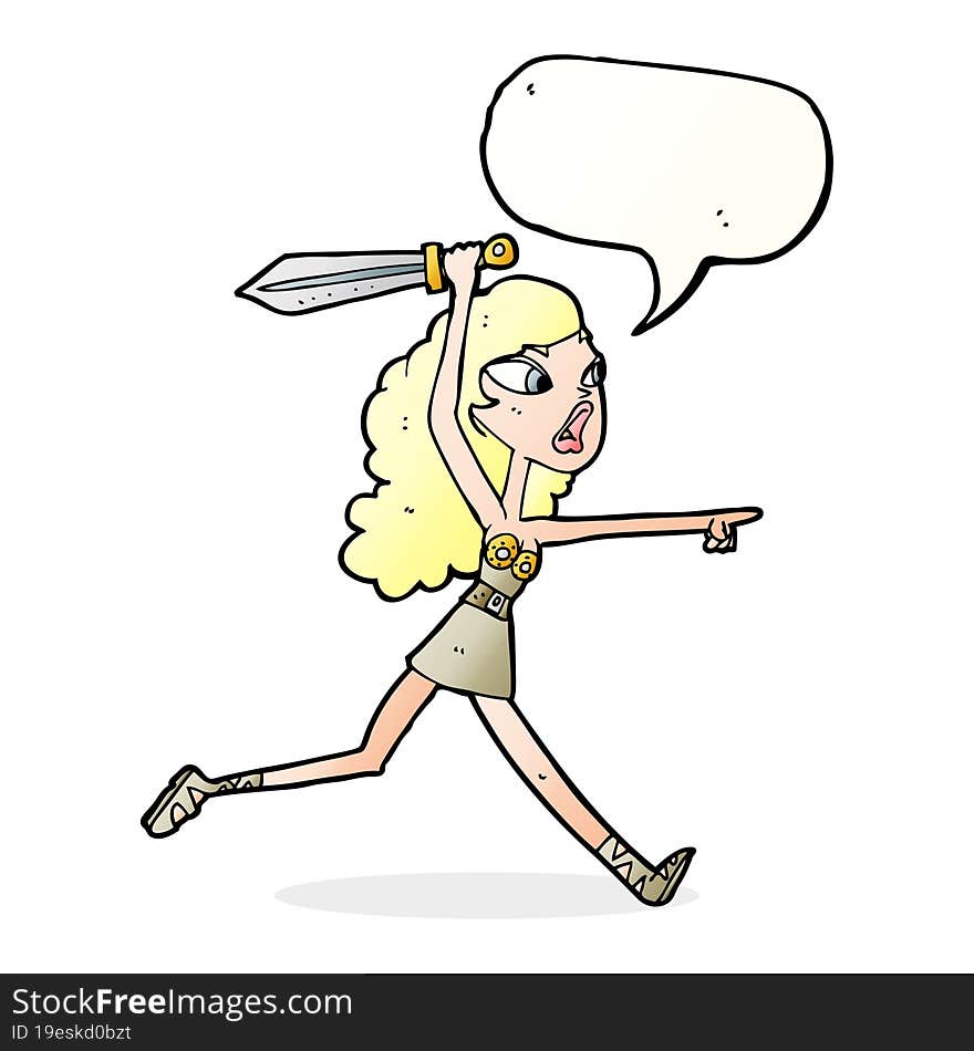 cartoon viking girl with sword with speech bubble