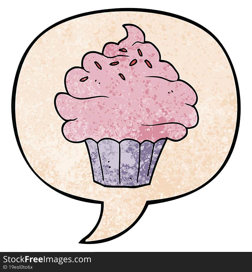 cartoon cupcake and speech bubble in retro texture style