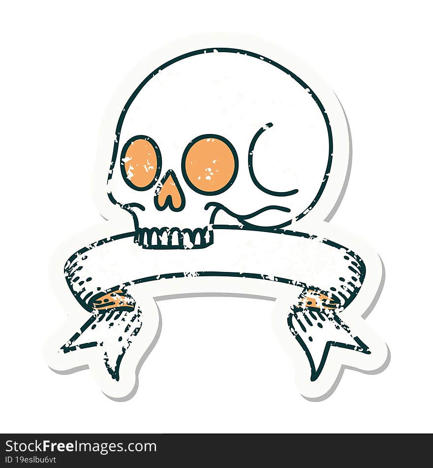 worn old sticker with banner of a skull. worn old sticker with banner of a skull