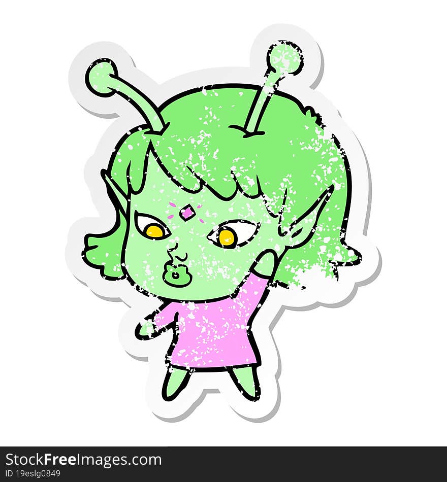 distressed sticker of a pretty cartoon alien girl