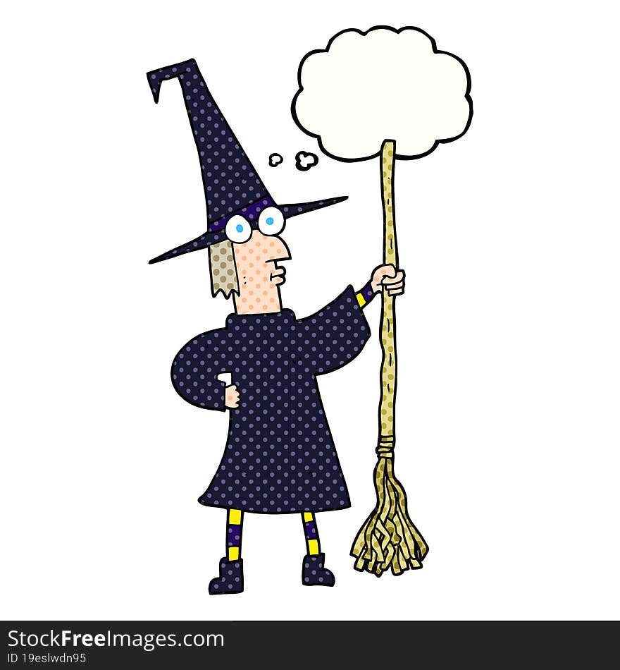 thought bubble cartoon witch with broom