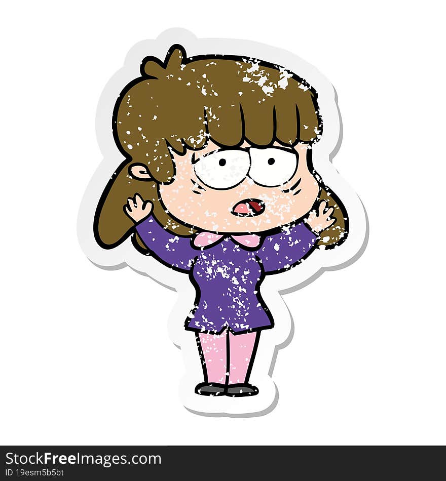 distressed sticker of a cartoon tired woman