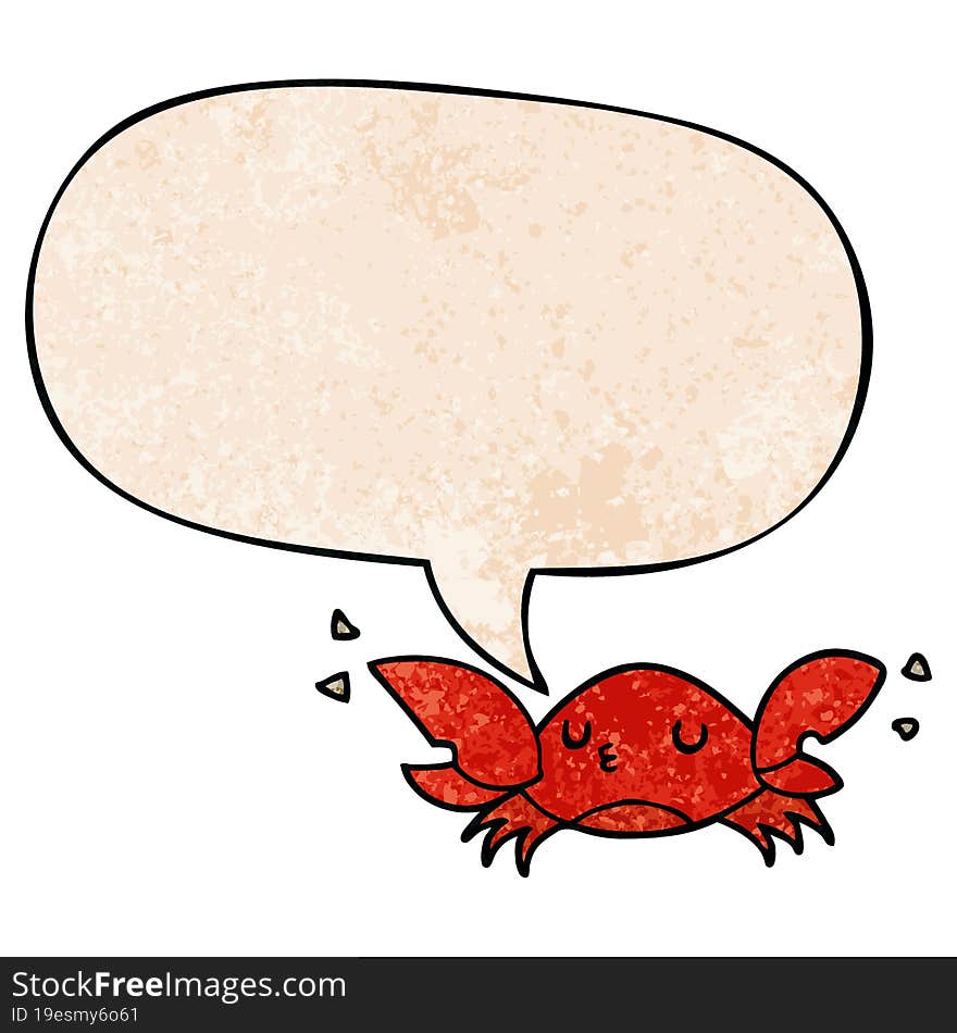 cartoon crab and speech bubble in retro texture style