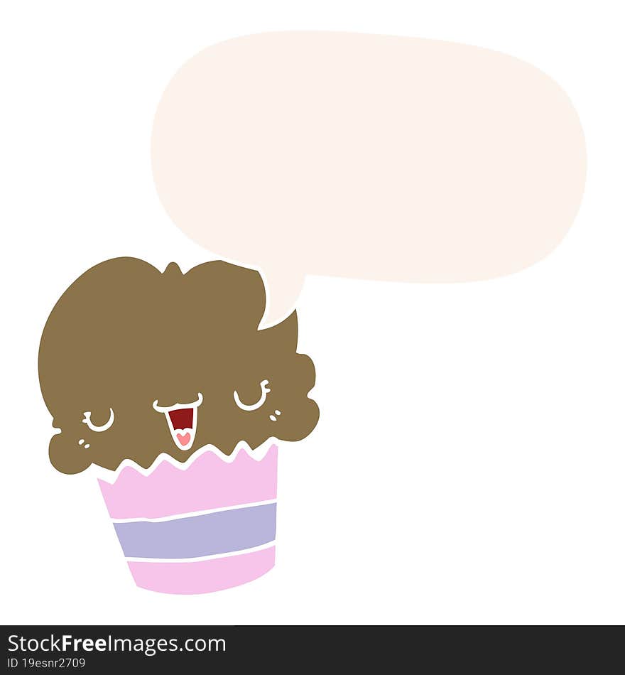 cartoon cupcake and face and speech bubble in retro style