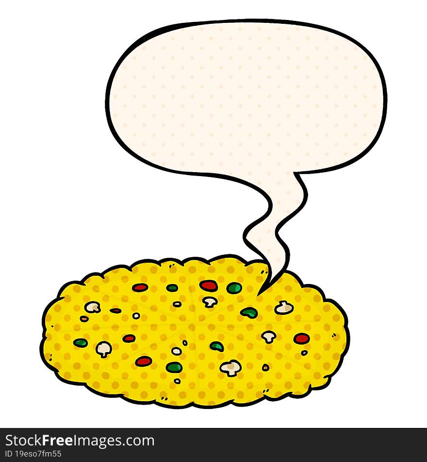 cartoon double cheese pizza and speech bubble in comic book style