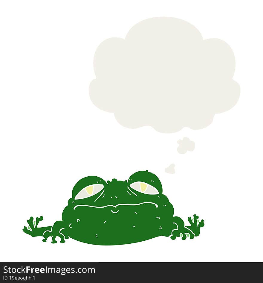 cartoon ugly frog with thought bubble in retro style