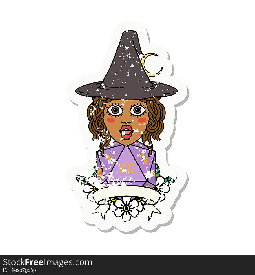 human witch with natural twenty dice roll illustration