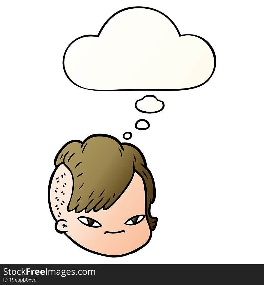 cartoon female face and thought bubble in smooth gradient style