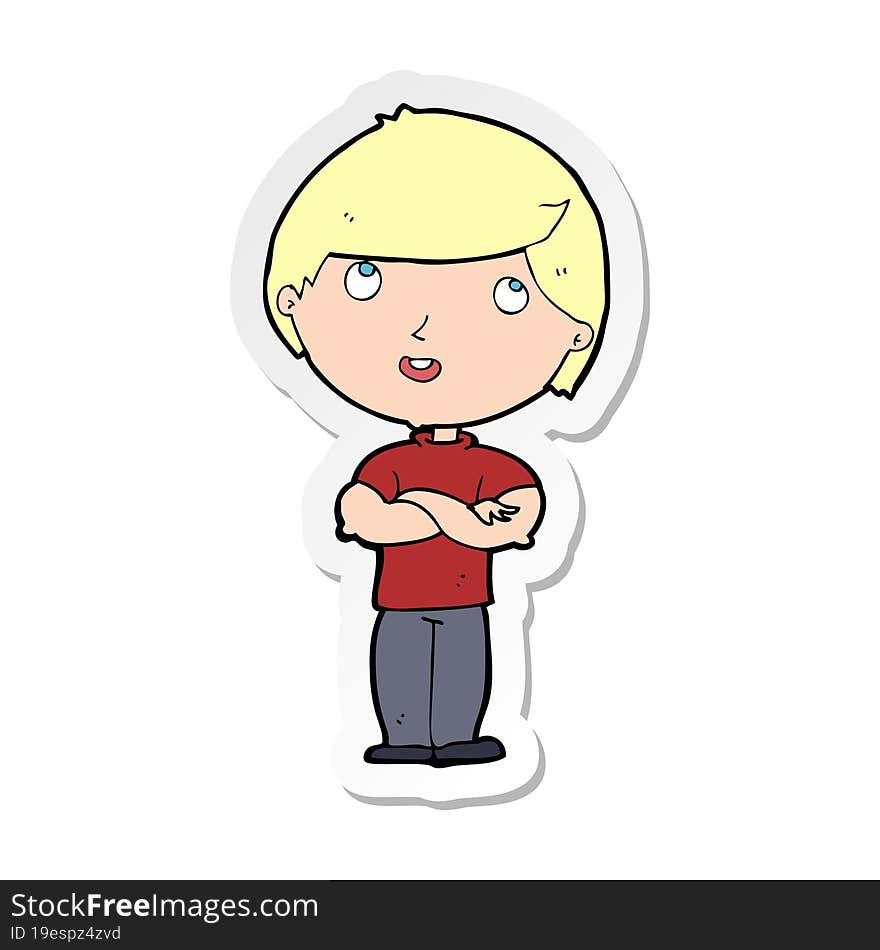 sticker of a cartoon happy man with folded arm