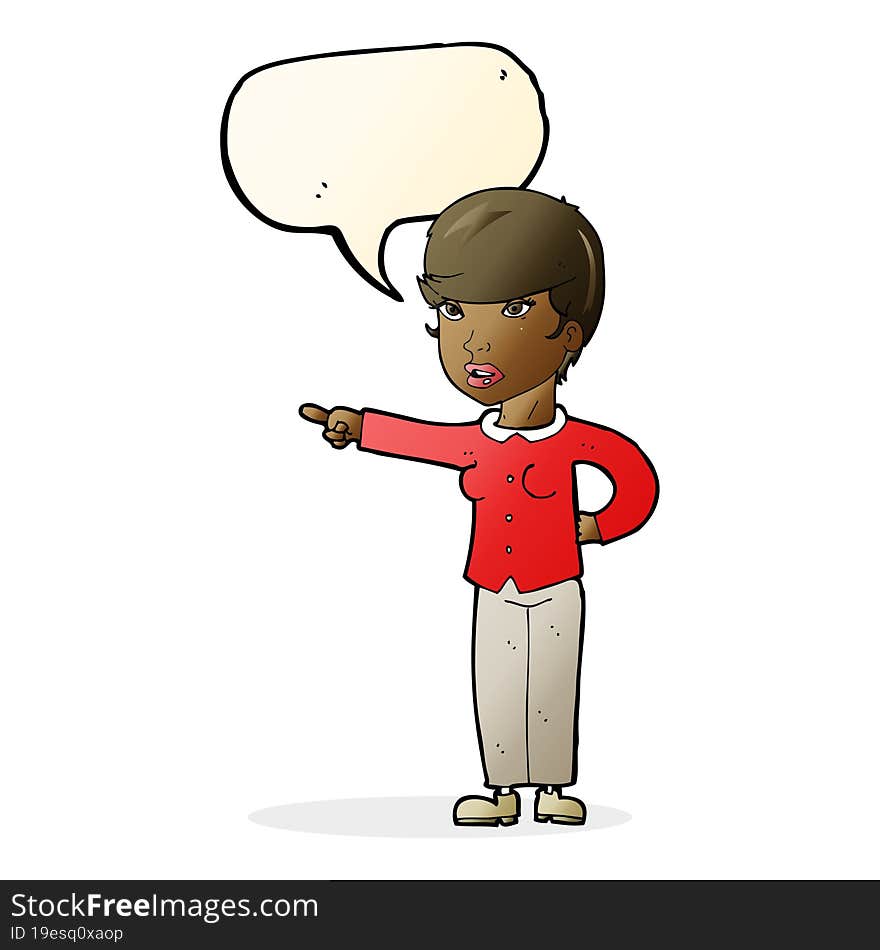 cartoon woman pointing finger of blame with speech bubble