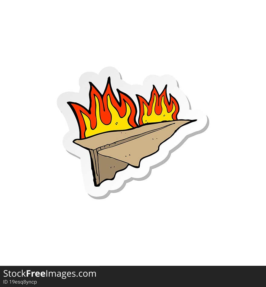 sticker of a cartoon burning paper aeroplane