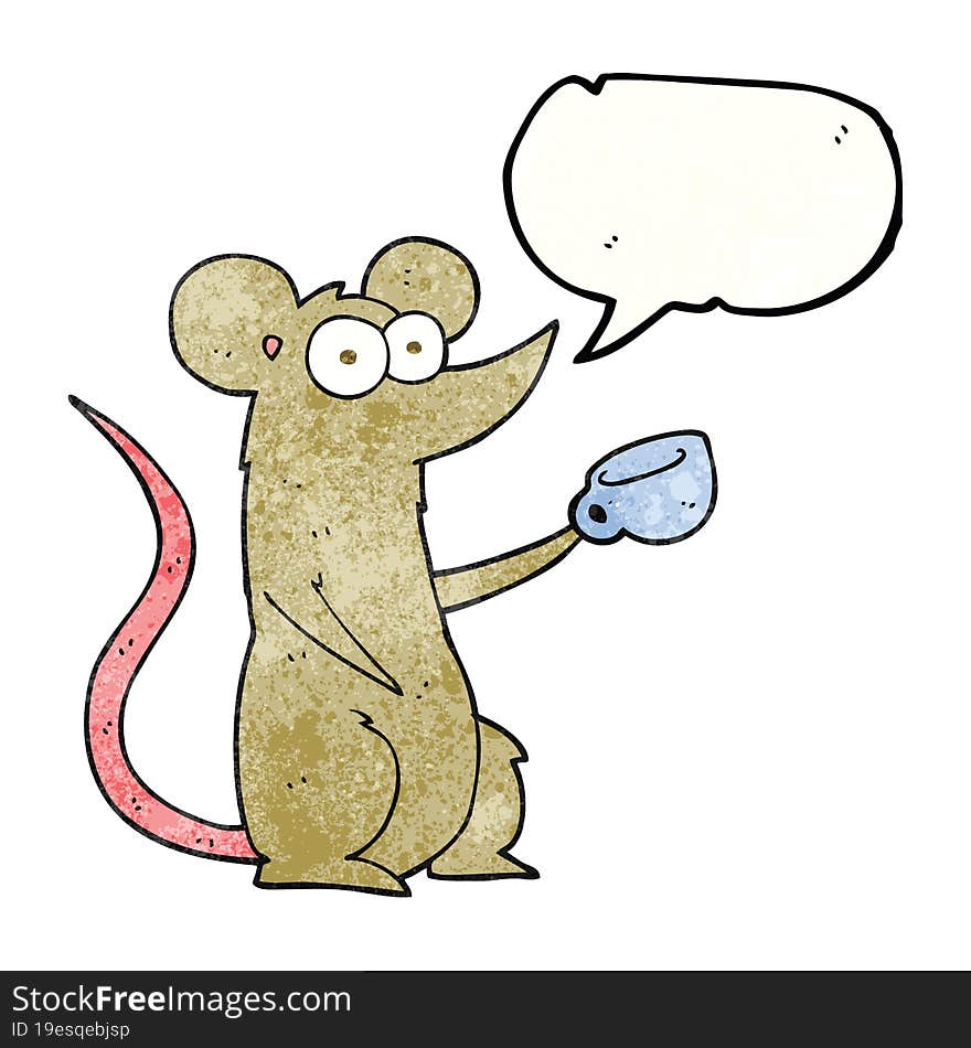 freehand speech bubble textured cartoon mouse with coffee cup