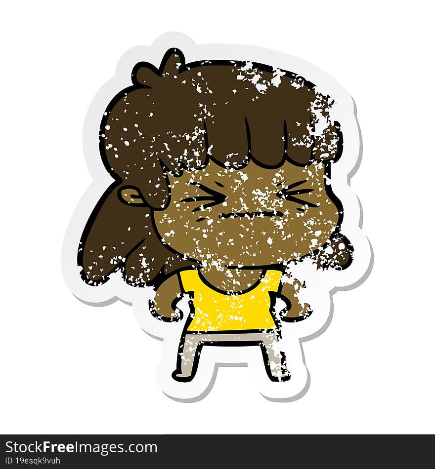 distressed sticker of a cartoon angry girl