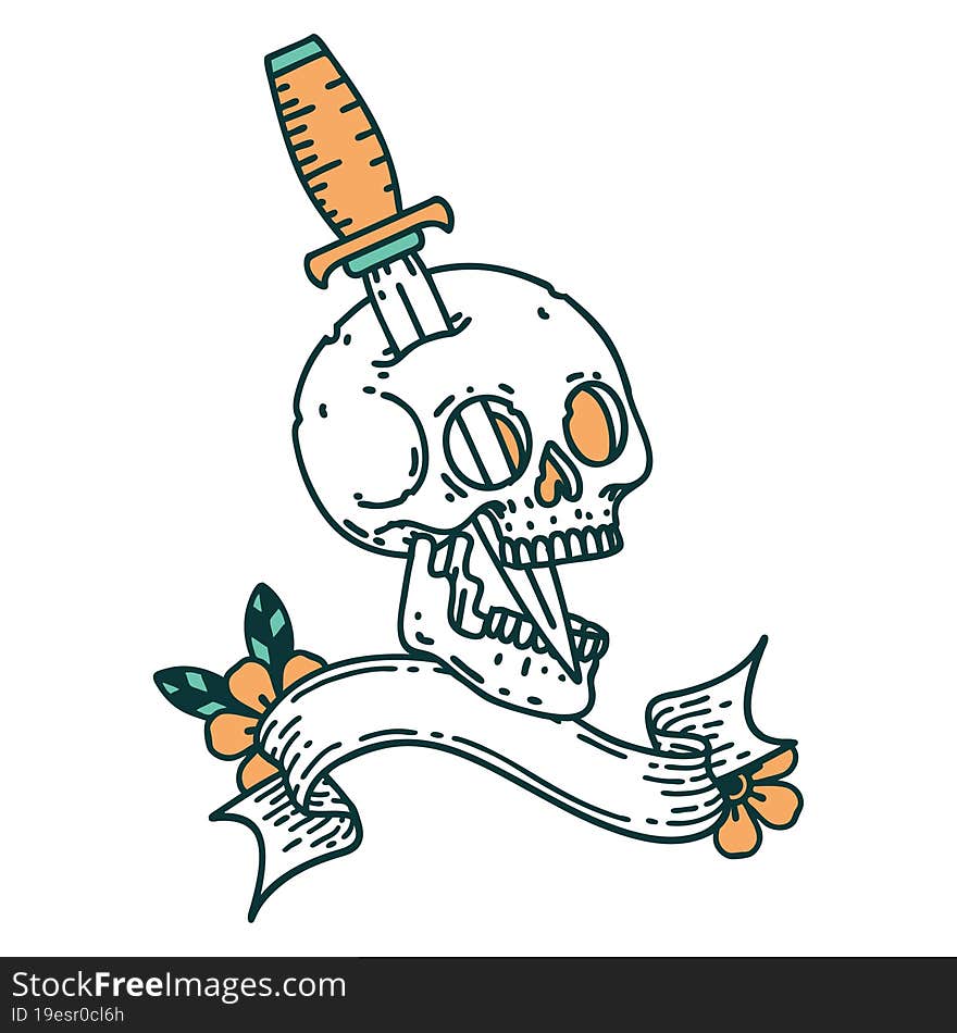 tattoo with banner of a skull and dagger