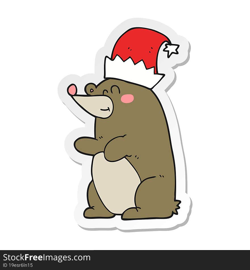 Sticker Of A Cartoon Bear Wearing Christmas Hat