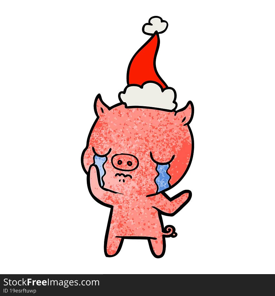 hand drawn textured cartoon of a pig crying wearing santa hat