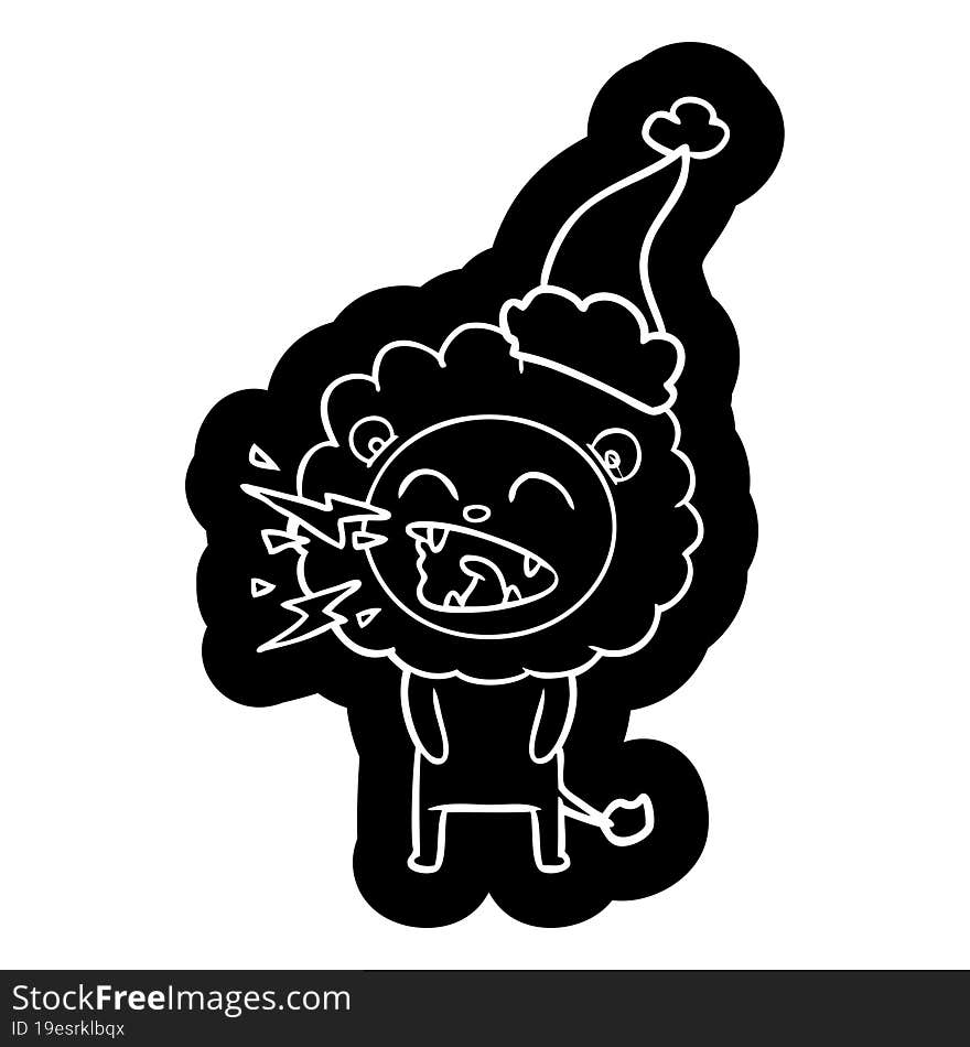 Cartoon Icon Of A Roaring Lion Wearing Santa Hat