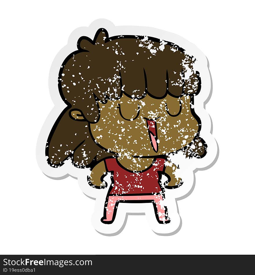 distressed sticker of a cartoon woman laughing