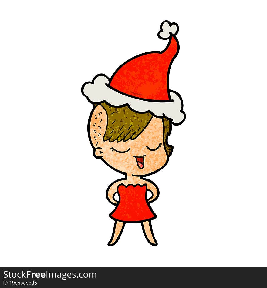 happy textured cartoon of a girl in cocktail dress wearing santa hat