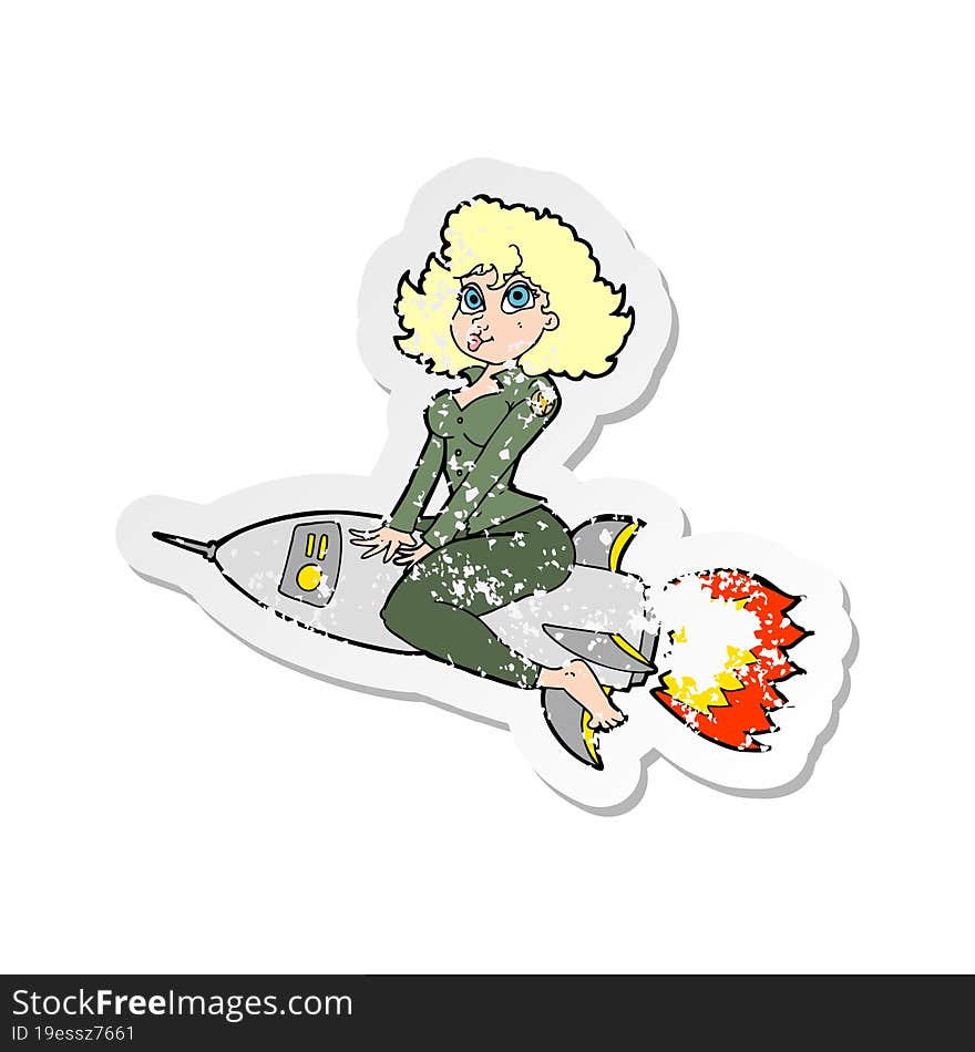 Retro Distressed Sticker Of A Cartoon Army Pin Up Girl Riding Missile