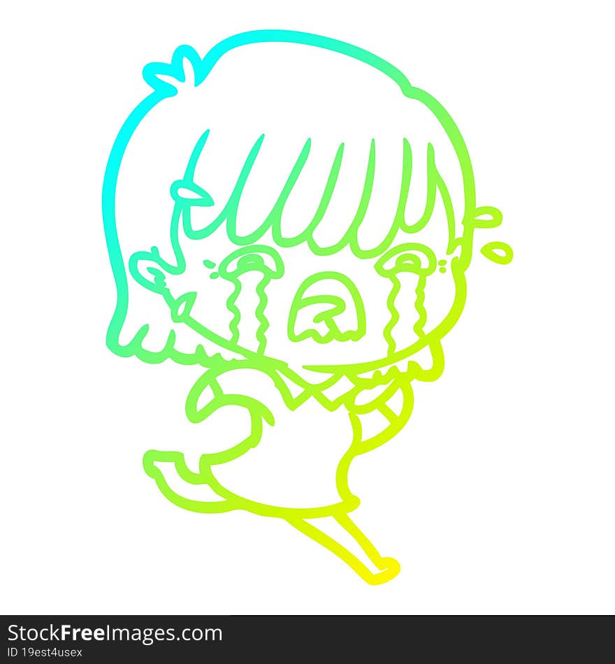 cold gradient line drawing of a cartoon girl crying