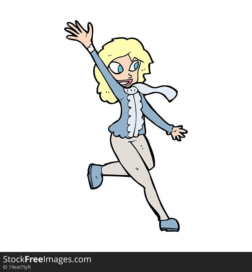 cartoon woman waving dressed for winter