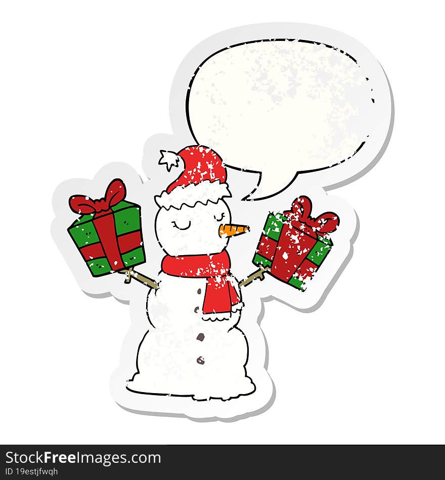 cartoon snowman and speech bubble distressed sticker