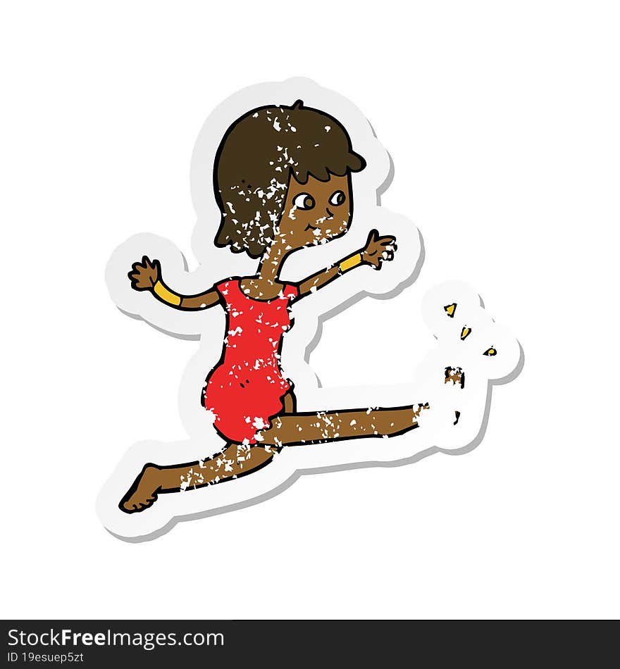 retro distressed sticker of a cartoon happy woman kicking