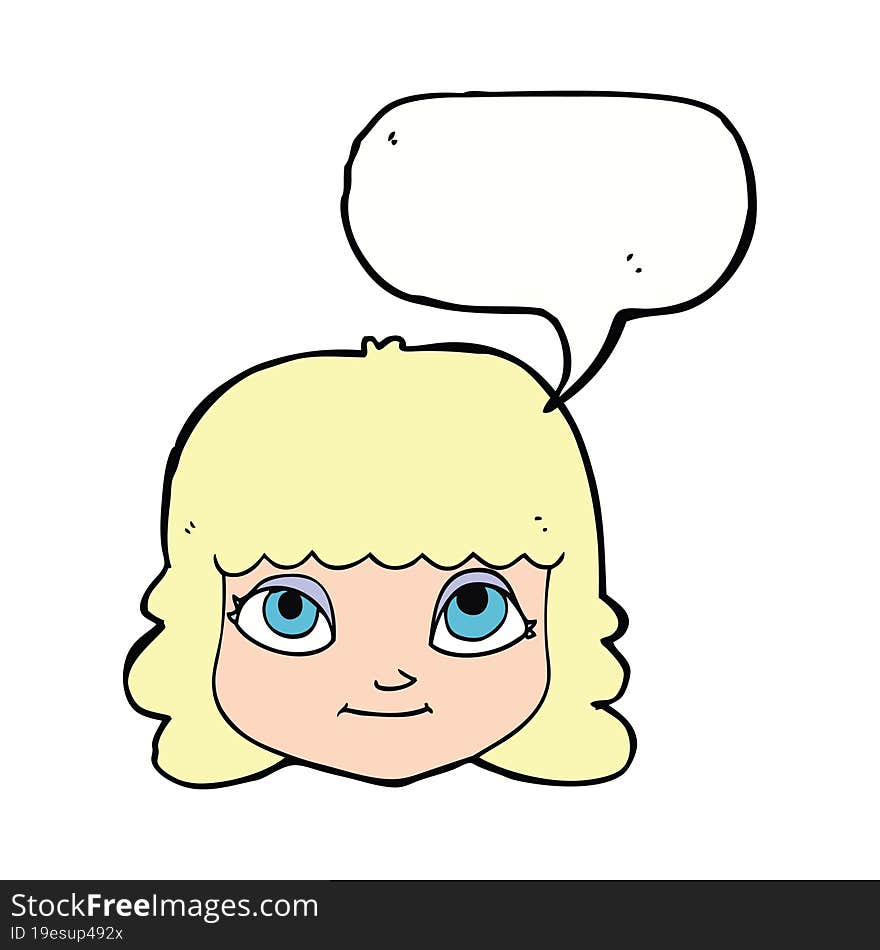 cartoon happy female face with speech bubble