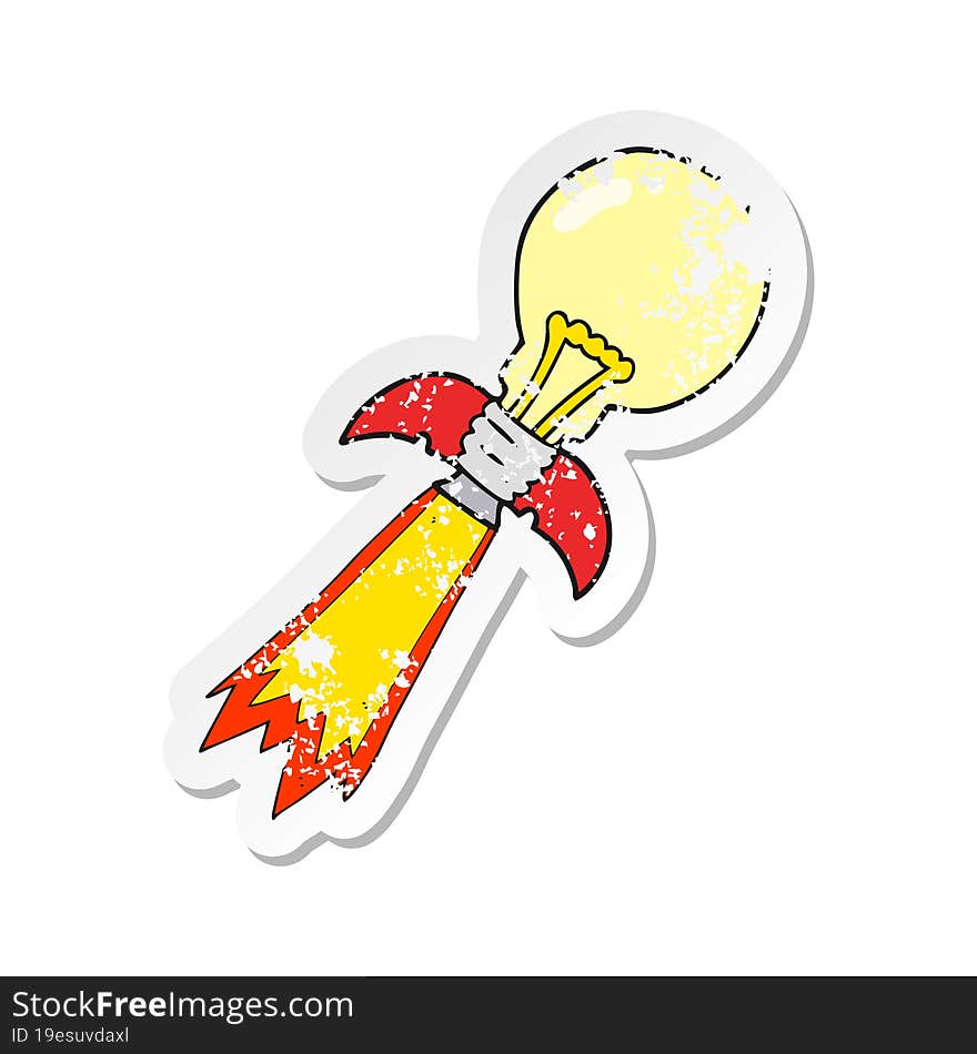 retro distressed sticker of a cartoon lightbulb rocket ship