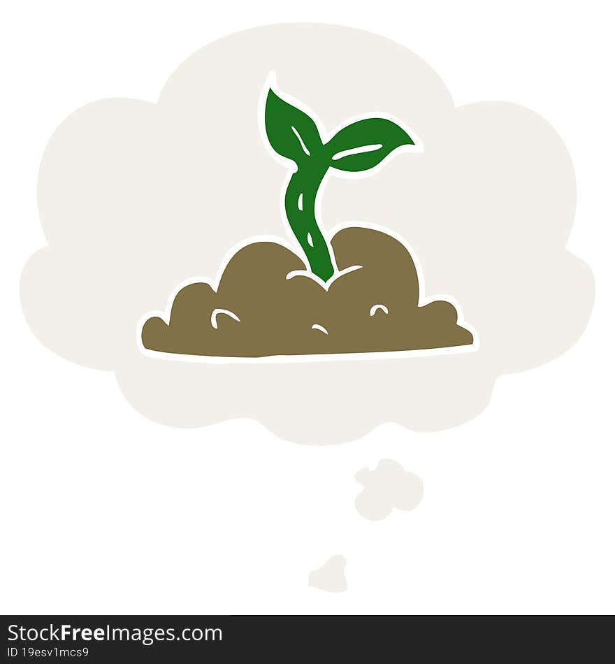 cartoon growing seedling with thought bubble in retro style