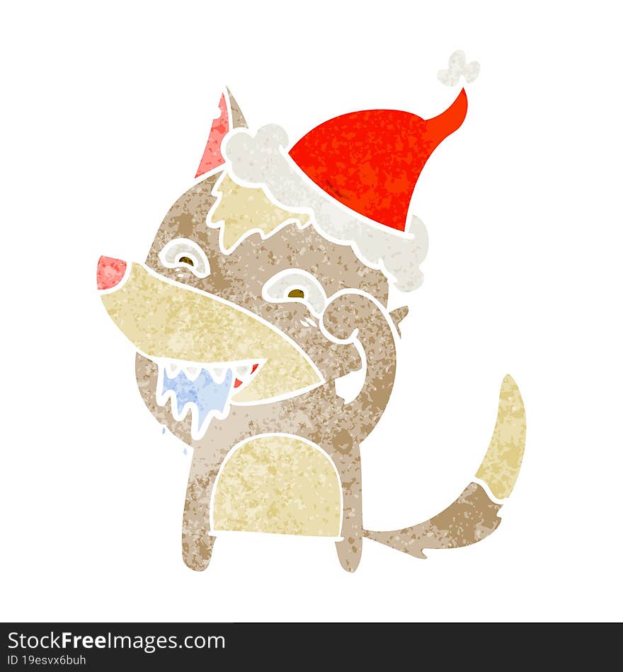 retro cartoon of a hungry wolf wearing santa hat