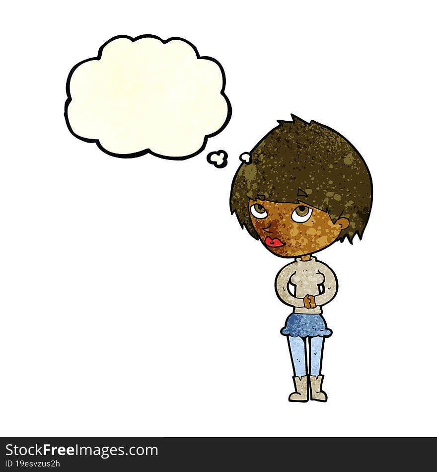 cartoon nervous woman with thought bubble