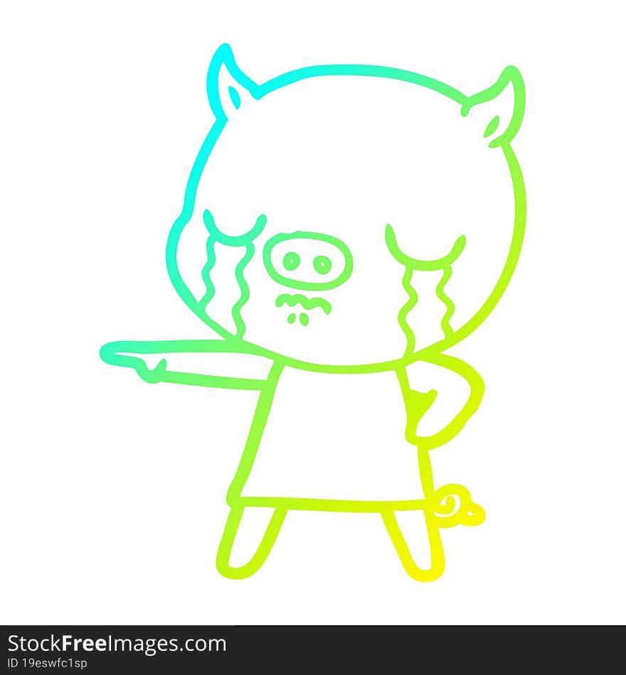 cold gradient line drawing of a cartoon pig crying pointing