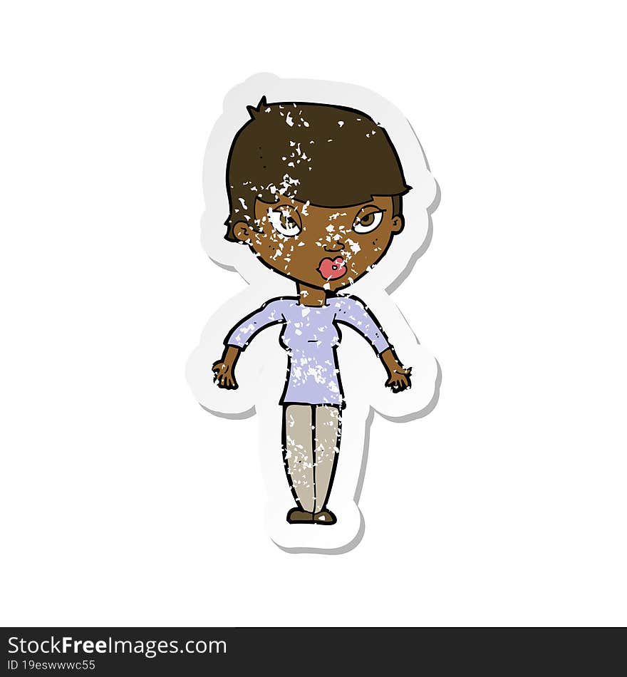 retro distressed sticker of a cartoon woman shrugging shoulders