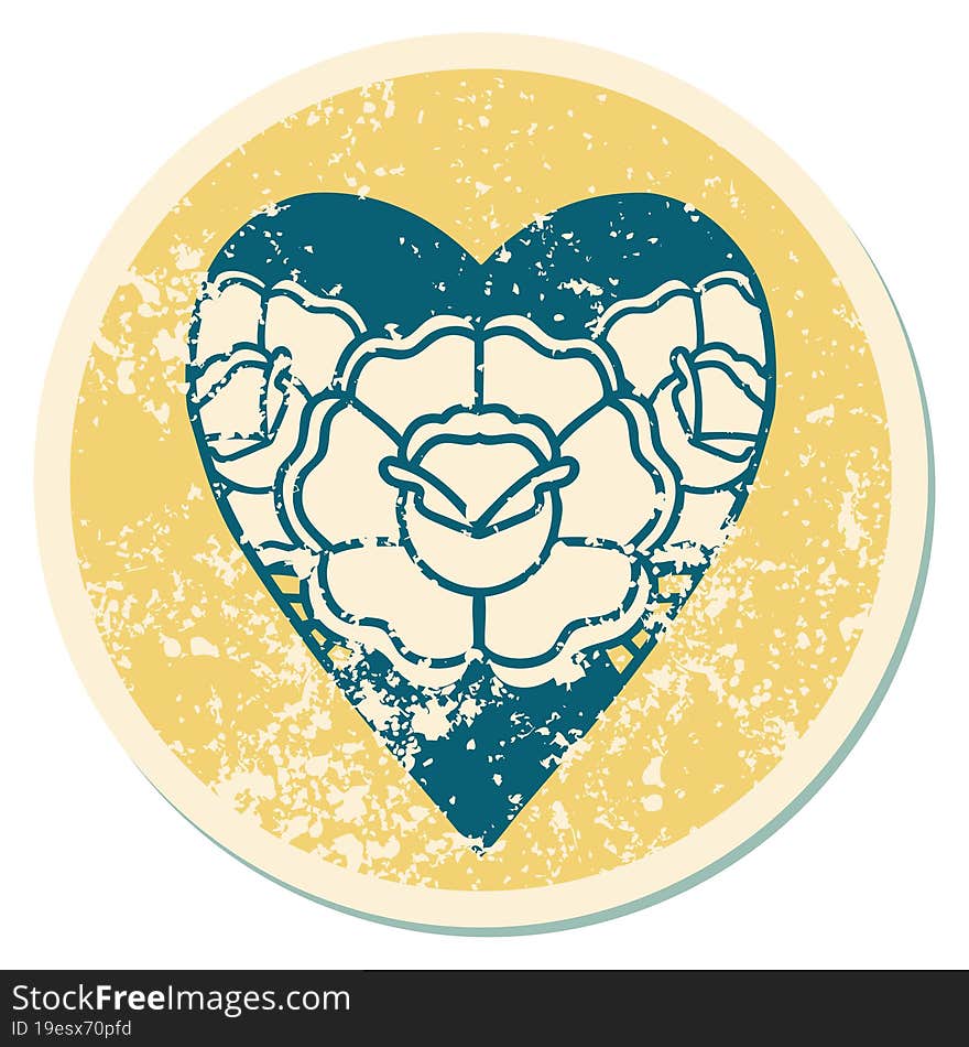 Distressed Sticker Tattoo Style Icon Of A Heart And Flowers