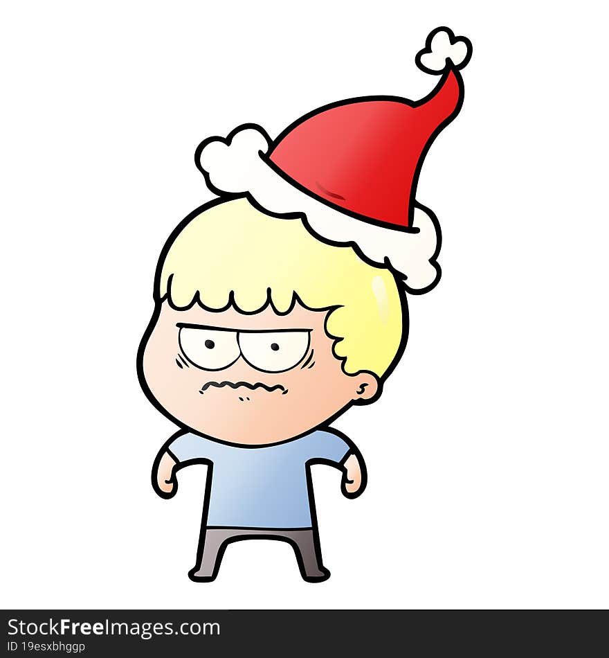 hand drawn gradient cartoon of a annoyed man wearing santa hat