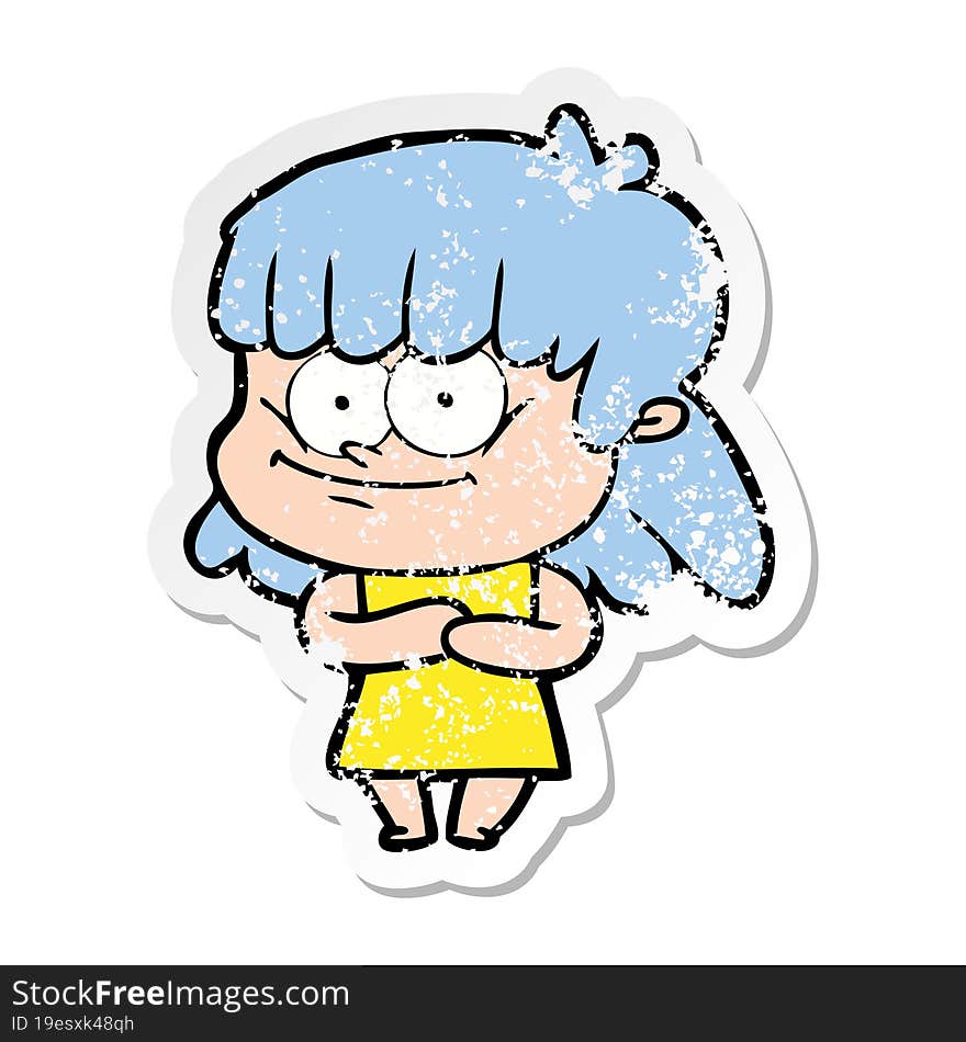 distressed sticker of a cartoon smiling woman