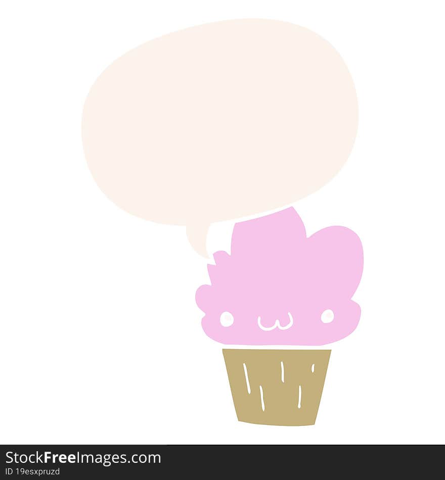 cartoon cupcake and face and speech bubble in retro style