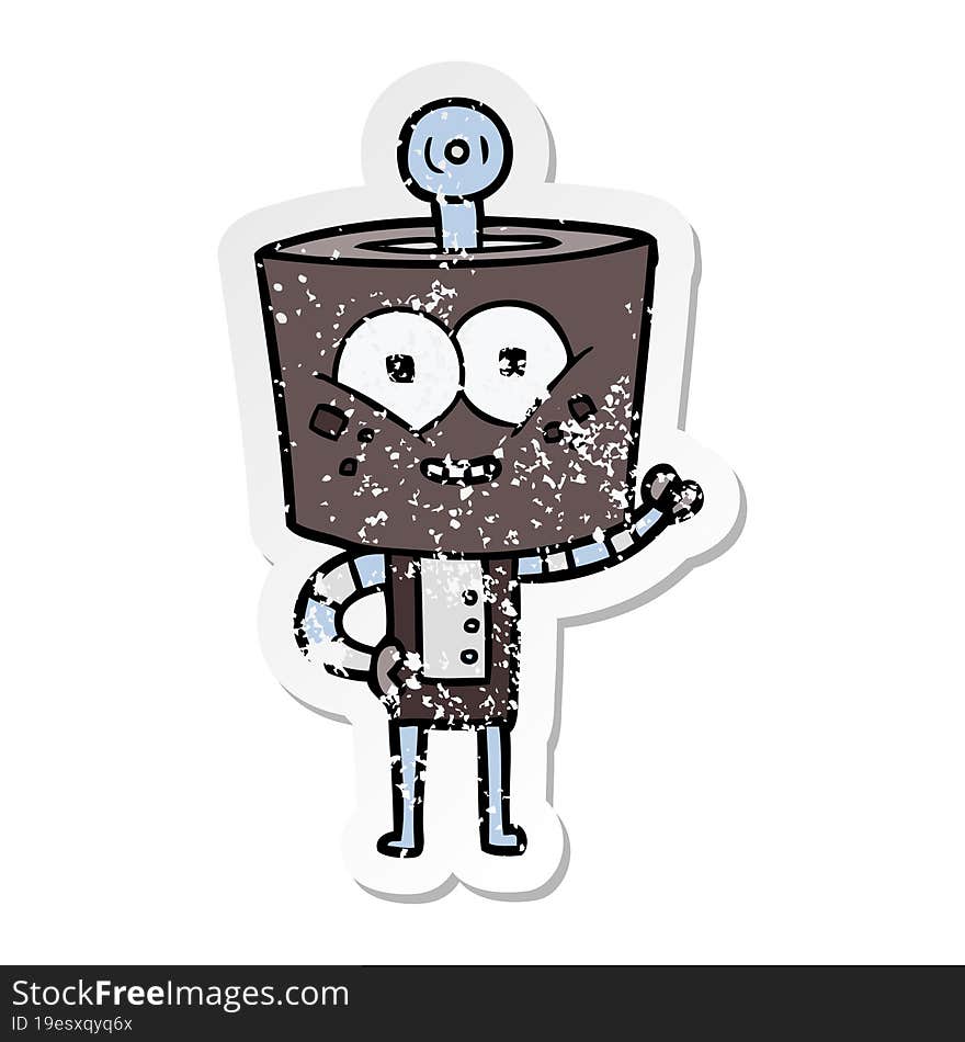 distressed sticker of a happy cartoon robot