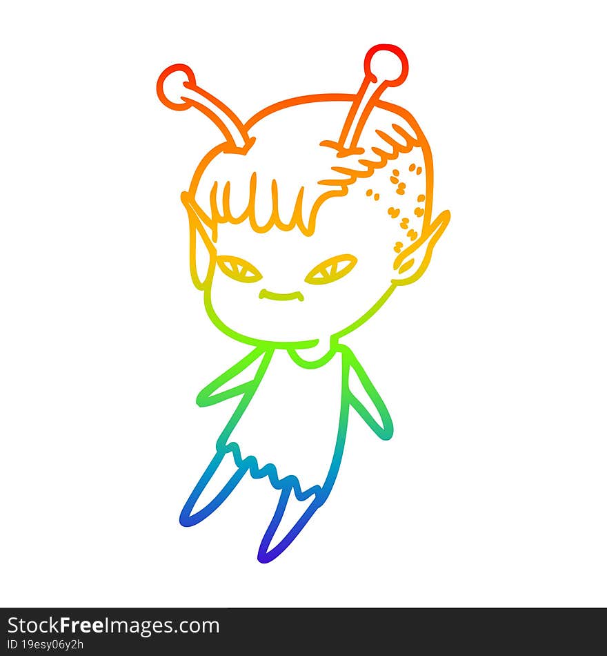 rainbow gradient line drawing of a cute cartoon alien girl