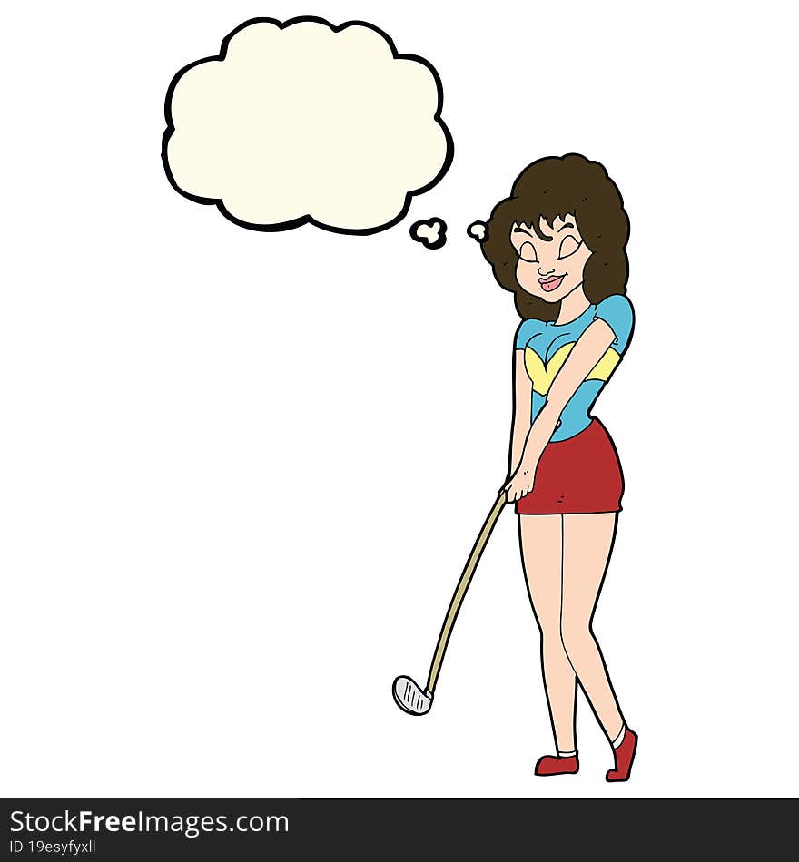 Cartoon Woman Playing Golf With Thought Bubble