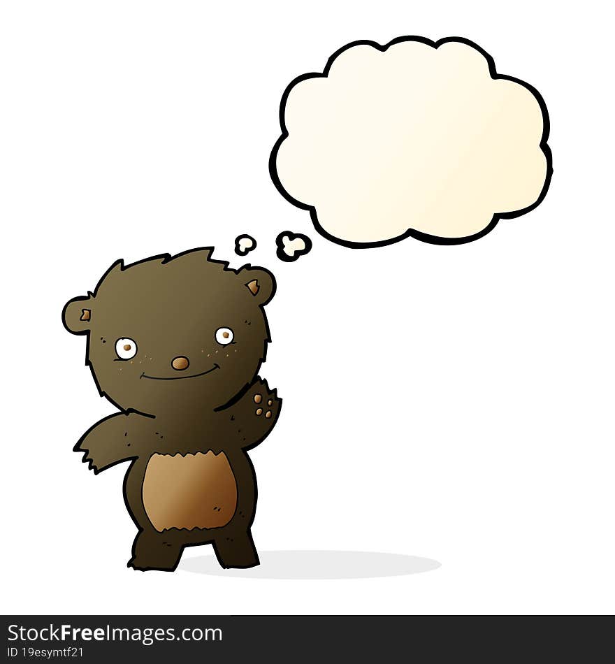 cartoon waving black bear cub with thought bubble