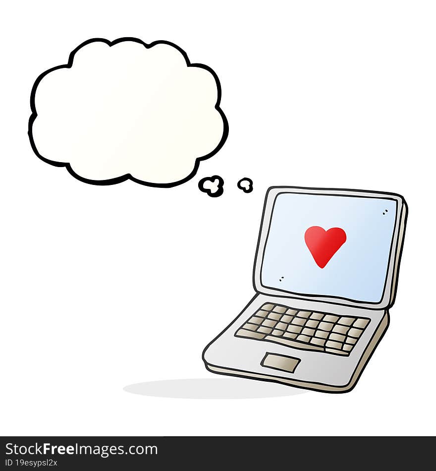 thought bubble cartoon laptop computer with heart symbol on screen