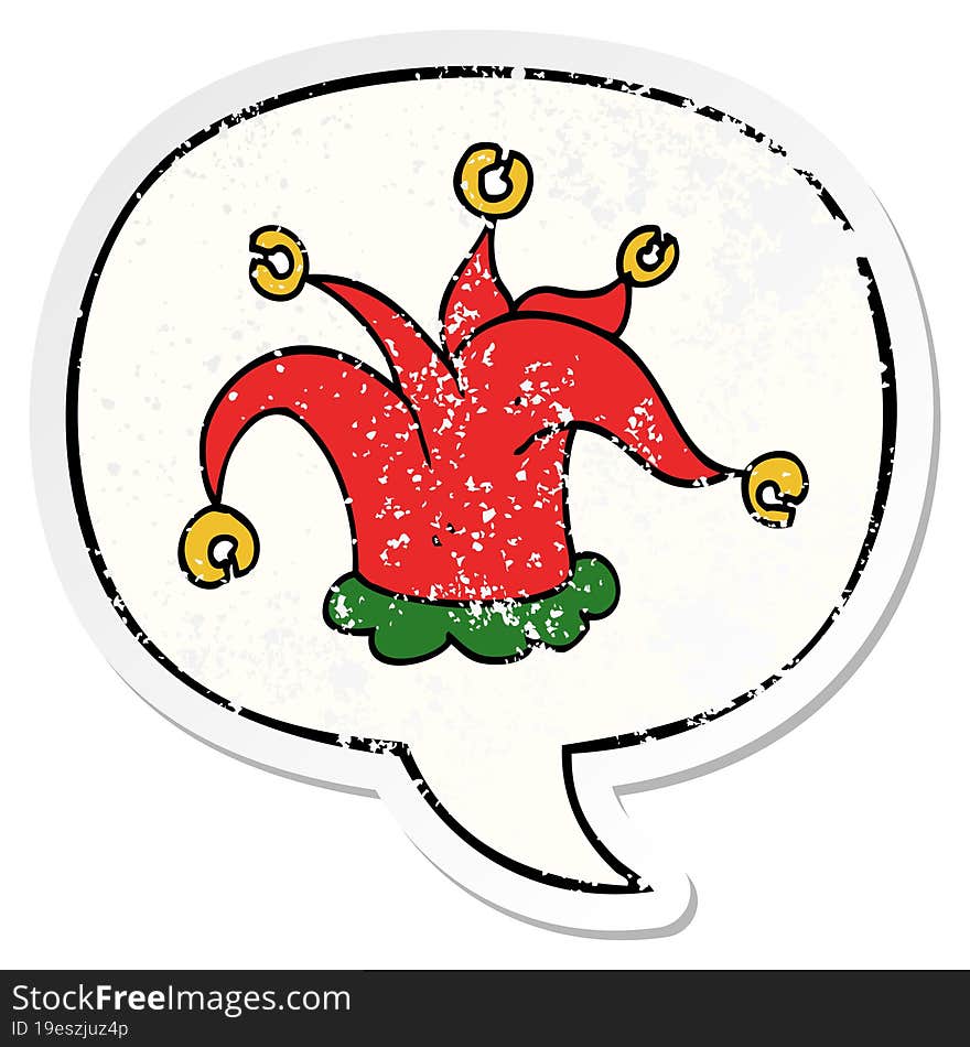 Cartoon Jester Hat And Speech Bubble Distressed Sticker