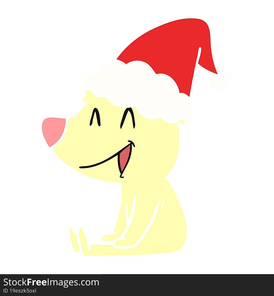 sitting bear hand drawn flat color illustration of a wearing santa hat. sitting bear hand drawn flat color illustration of a wearing santa hat