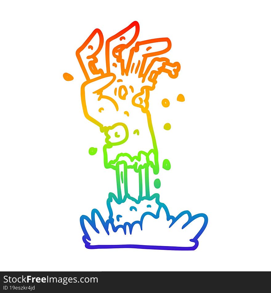 rainbow gradient line drawing of a spooky zombie hand cartoon