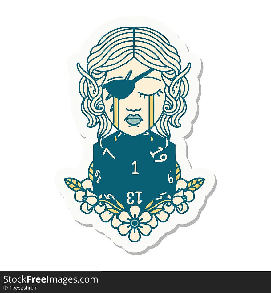 sticker of a crying elf rogue character face with natural one D20 roll. sticker of a crying elf rogue character face with natural one D20 roll